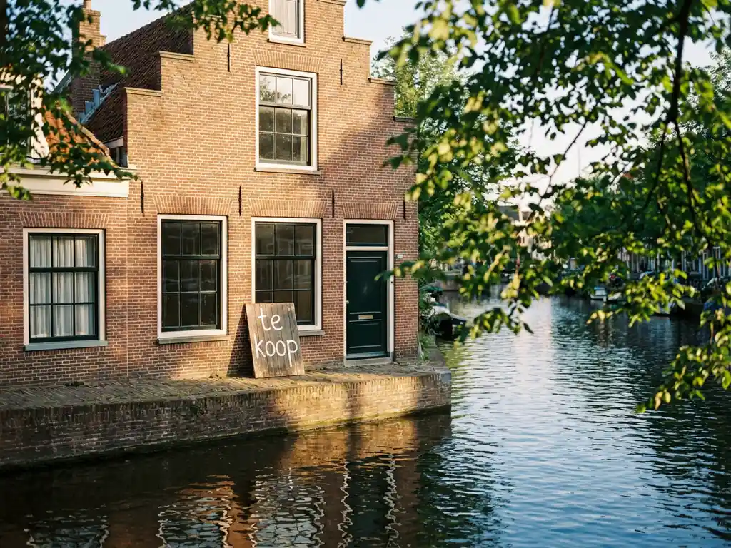 Amsterdams grachtenpand in Amsterdam-West met terracottarode bakstenen, grote ramen en een te koop-bord bij de voordeur.