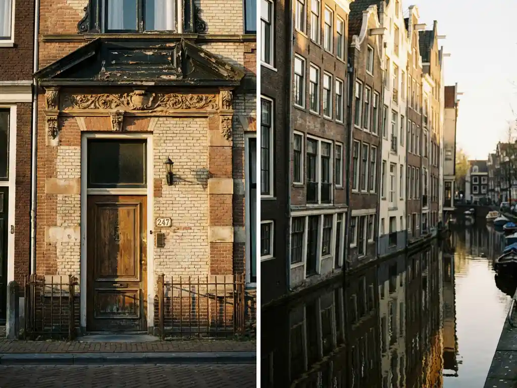 Verweerde Amsterdamse grachtenpand met sierlijke geveldetails en houten voordeur, weerspiegeld in het donkere, stille grachtwater bij middaglicht.