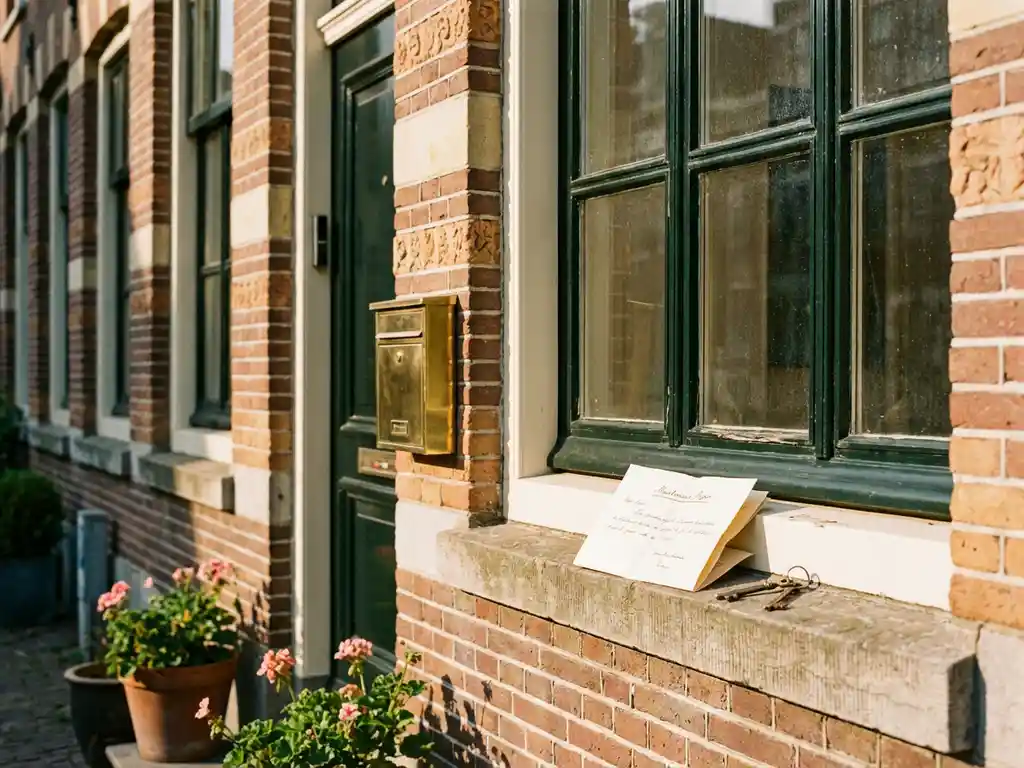 Amsterdams grachtenpand met sierstenen gevel, messing brievenbus en onderhoudsDocument op vensterbank naast huissleutels in middaglicht.