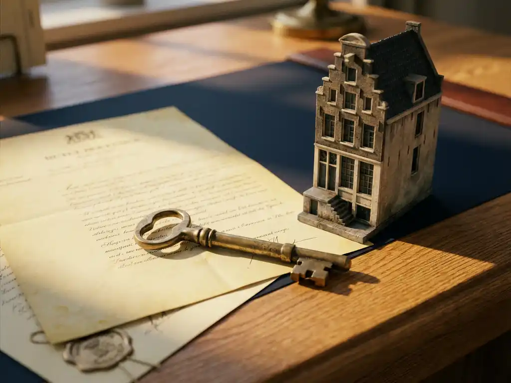 Verouderde messing sleutel op Amsterdams gemeentedocument naast een miniatuur grachtenpand, warm middaglicht op een eikenhouten bureau.