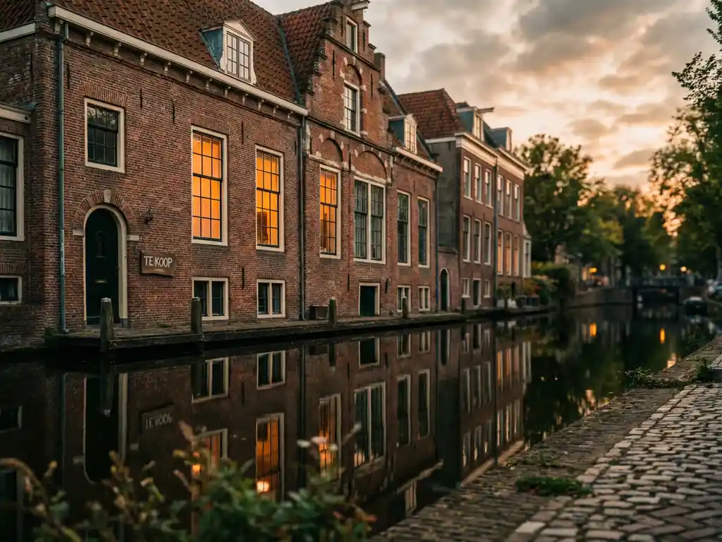 Amsterdams grachtenpand met verlichte ramen en 'te koop'-bord, weerspiegeld in donker kanaalwater bij middagzon.