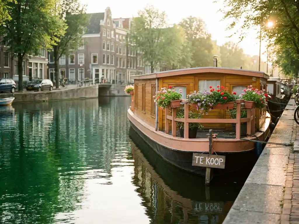 Te koop staande woonboot in Amsterdam met bloembakken, weerspiegeling van grachtenpanden in groen kanalwater, gouden middaglicht.