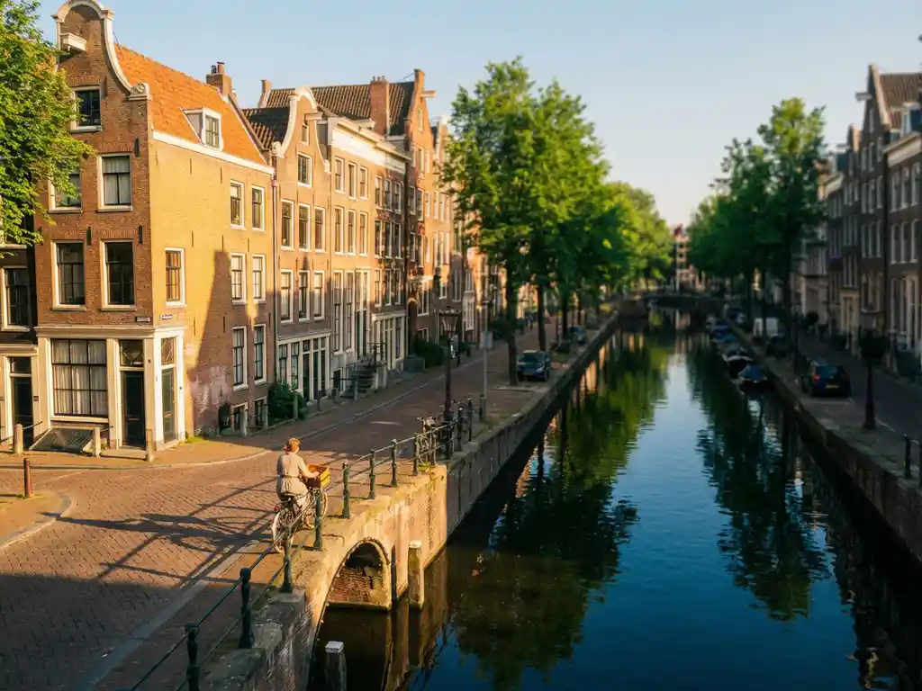 Fietser op een stenen brug over een Amsterdamse gracht, omgeven door smalle bakstenen grachtenpanden en groene bomen in middagzon.