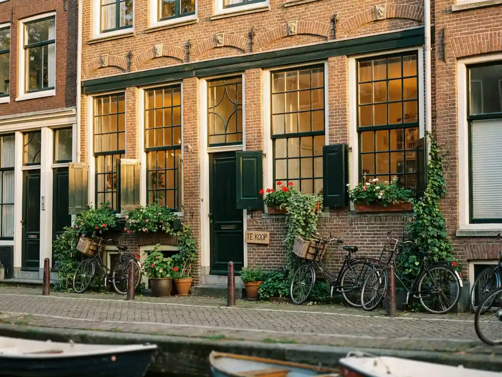 Amsterdams grachtenpand in De Pijp met sierende bakstenen gevel, grote ramen in gouduur licht, fietsen en groen op straatniveau.