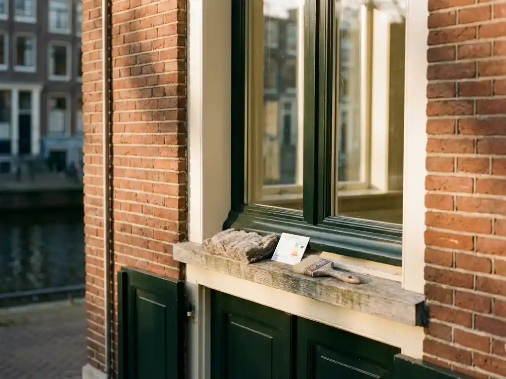 Nieuw dubbelglas in gevel van Amsterdams grachtenpand met energielabel, verfkwast en isolatiemonster op vensterbank in goudkleurig middaglicht.