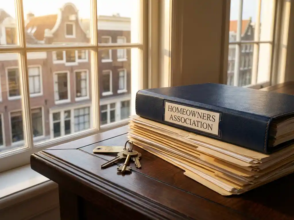 Stapel eigendomsdocumenten en VvE-map met huissleutels op houten bureau, Amsterdamse grachtenpanden zichtbaar door raam op achtergrond.