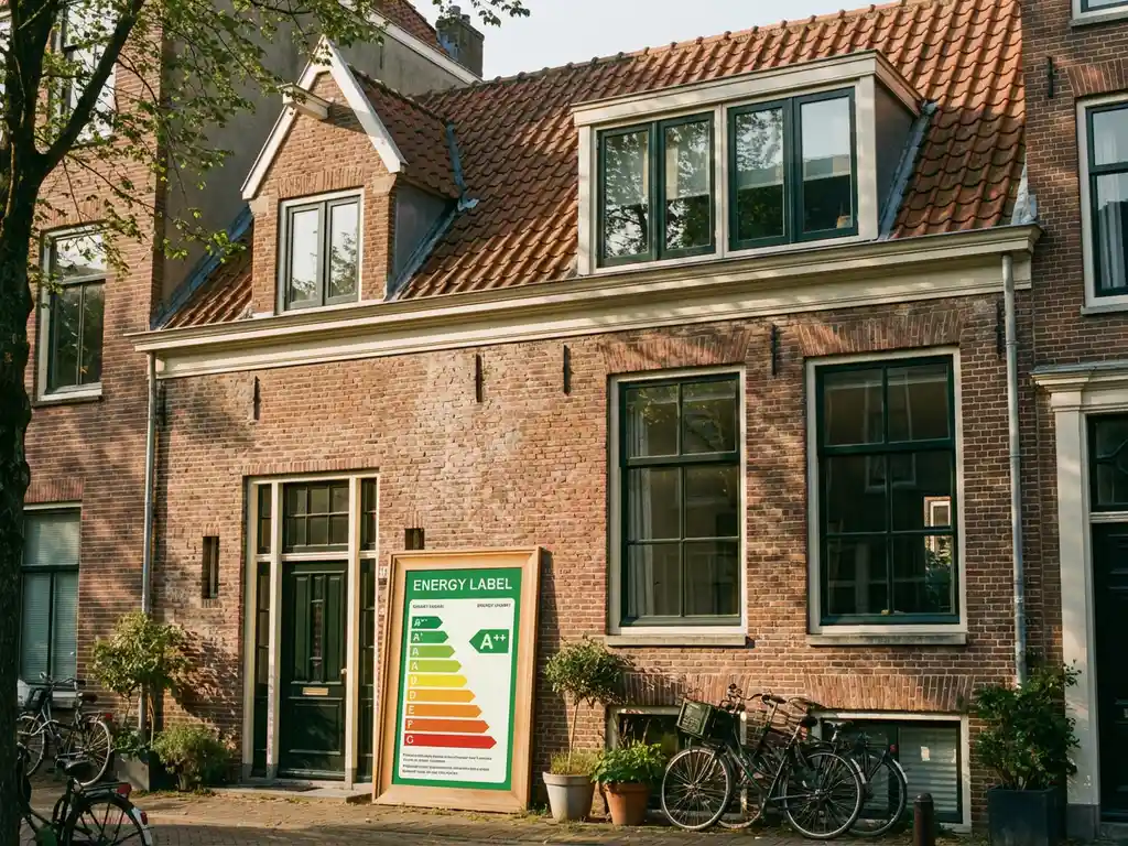 Energielabelcertificaat tegen de gevel van een Amsterdams grachtenpand met terracotta dakpannen en donkergroene kozijnen.