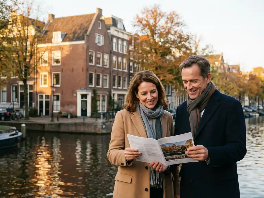 Expat stel bestudeert woningbrochure voor Amsterdams grachtenpand met bakstenen gevel en grote ramen in herfstig goudlicht.