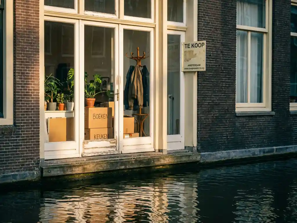 Huurdersspullen zichtbaar achter glazen deur van Amsterdams grachtenpand met Te Koop-bord, bakstenen gevel en gouden middaglicht.
