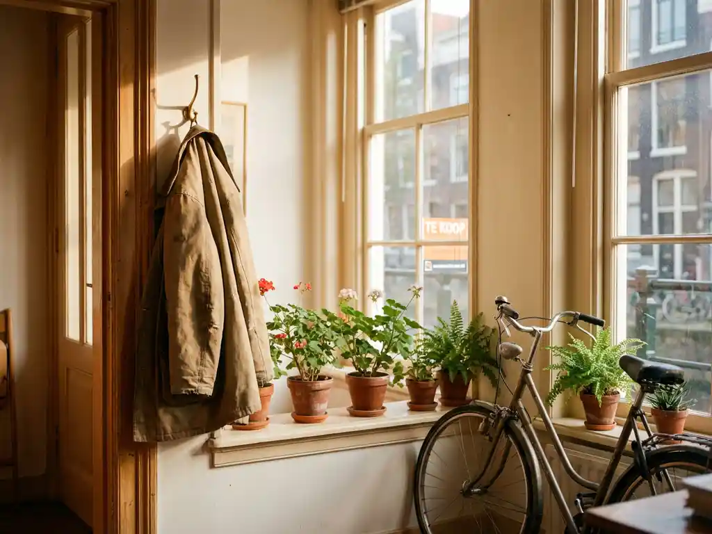 Huurdersspullen in lichte Amsterdamse grachtenwoning met jassen, fiets en planten, terwijl een 'Te Koop'-bord zichtbaar is door het raam.