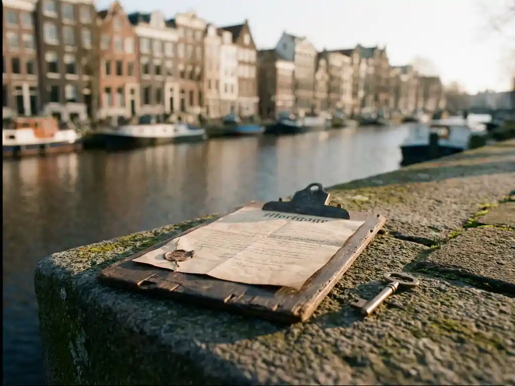 Verouderd houten klembord met hypotheekdocument en messing sleutel op kanaalkade, klassieke Amsterdamse grachtenpanden op de achtergrond.
