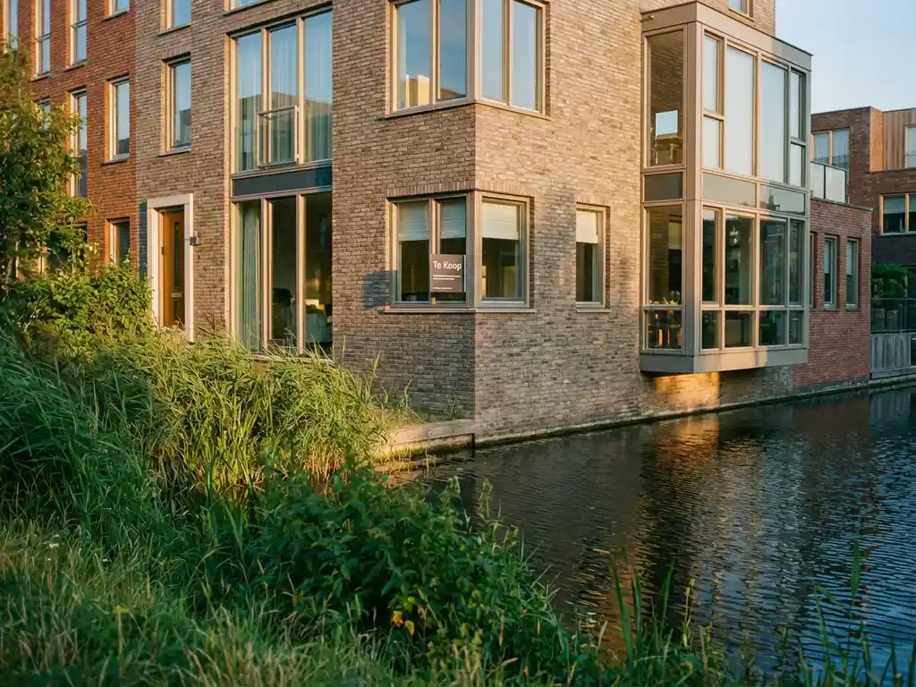 Moderne IJburg woning te koop aan het water met grote glaspartijen, bakstenen gevel in warm middaglicht en weelderig groen langs de kade.