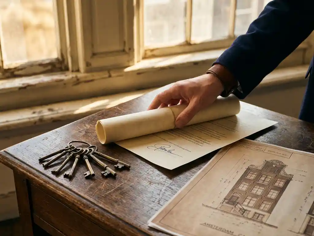 Makelaar legt getekend koopcontract op eikenhouten bureau naast antieke messing sleutels en architectuurtekening van Amsterdams grachtenpand.