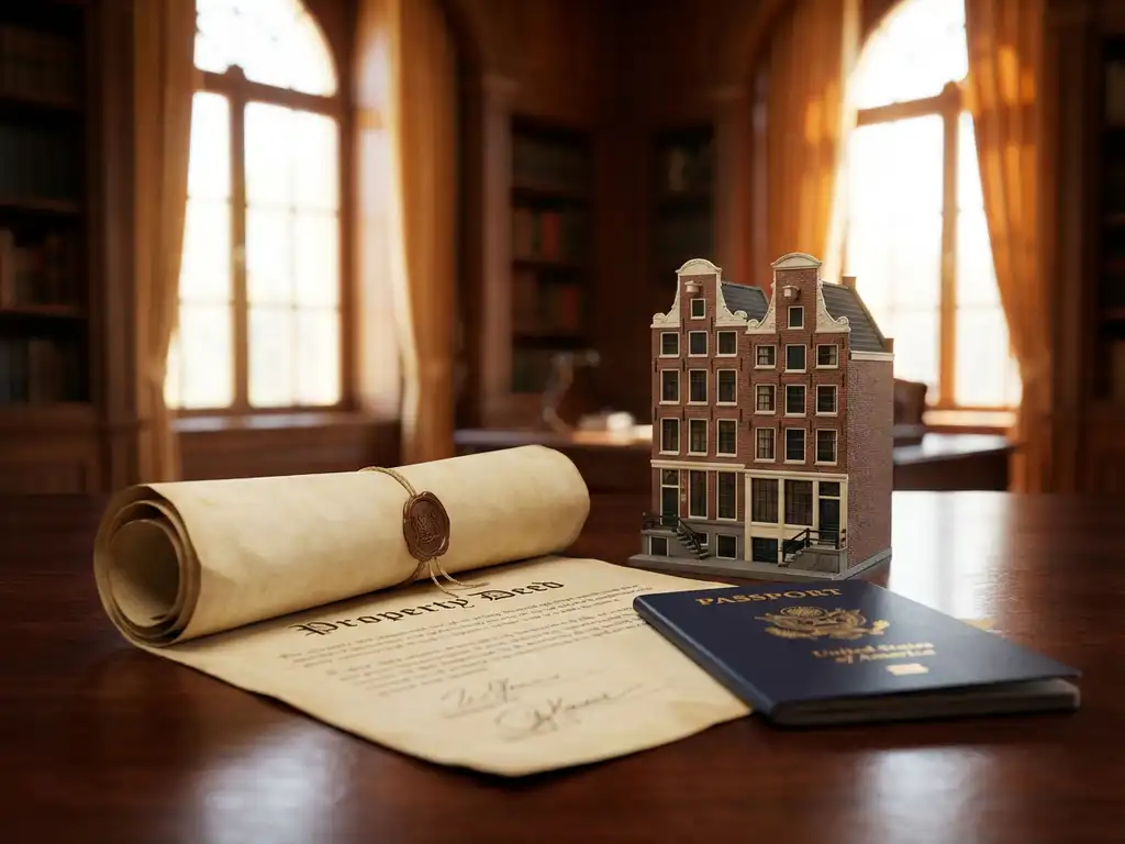 Getekende eigendomsakte en buitenlands paspoort op notarisbureau naast miniatuur Amsterdams grachtenpand, warm middaglicht.