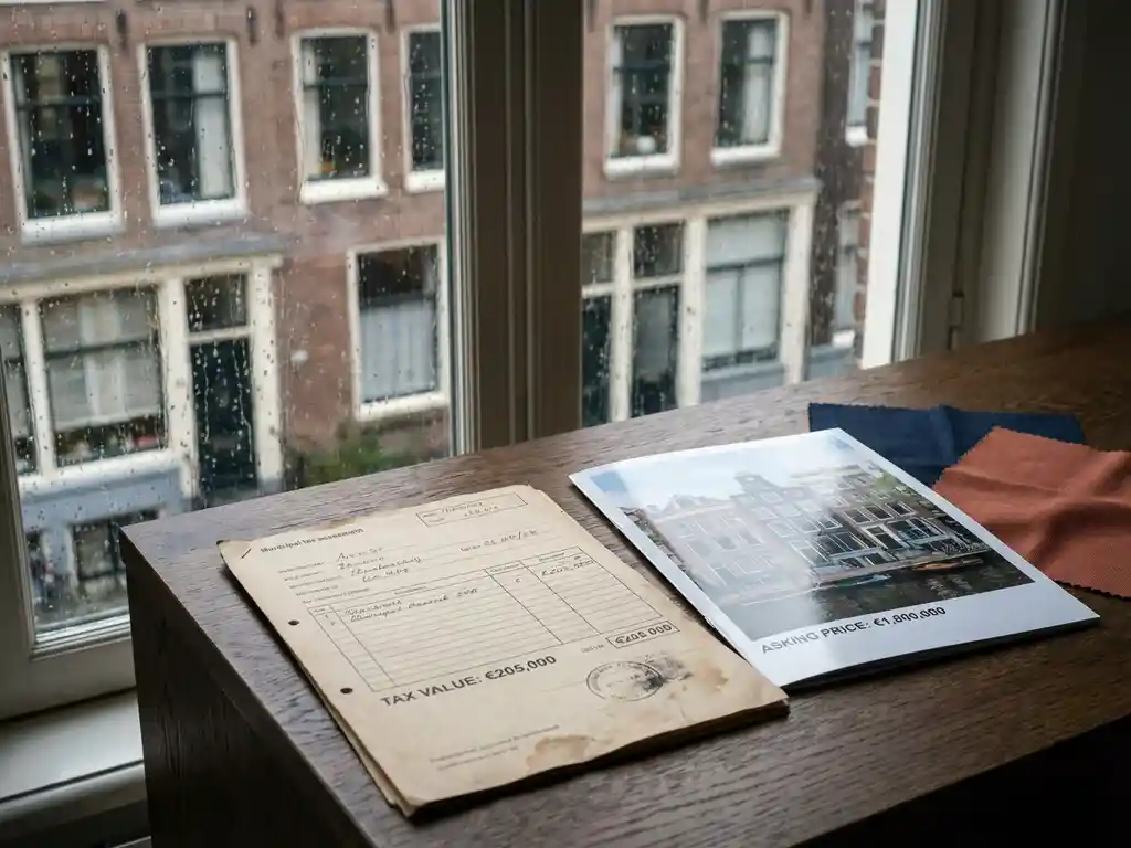 Verouderd gemeentelijk WOZ-aanslagbiljet naast een woningbrochure van een Amsterdams grachtenpand op een eikenhouten bureau.