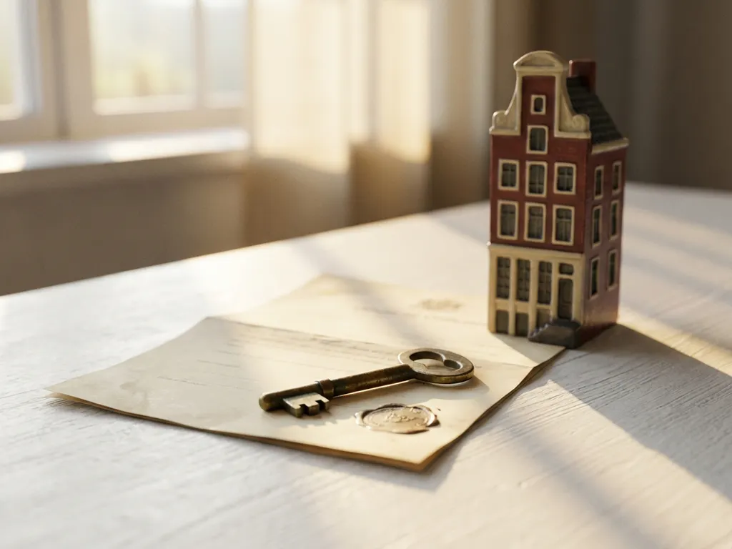 Verweerde messing sleutel op gevouwen eigendomsakte naast miniatuur Amsterdams grachtenpand, warm middaglicht op wit bureau.