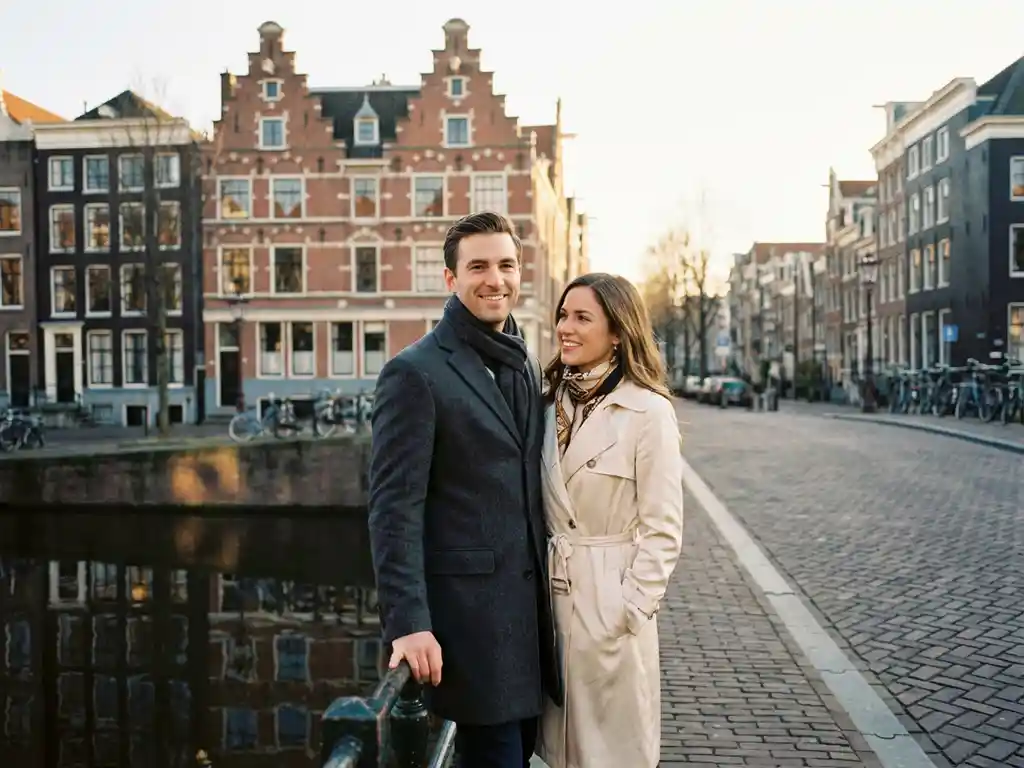 Stel voor klassiek Amsterdams grachtenpand met versierde gevel en rode bakstenen gevel weerspiegeld in het stille kanaalwater.
