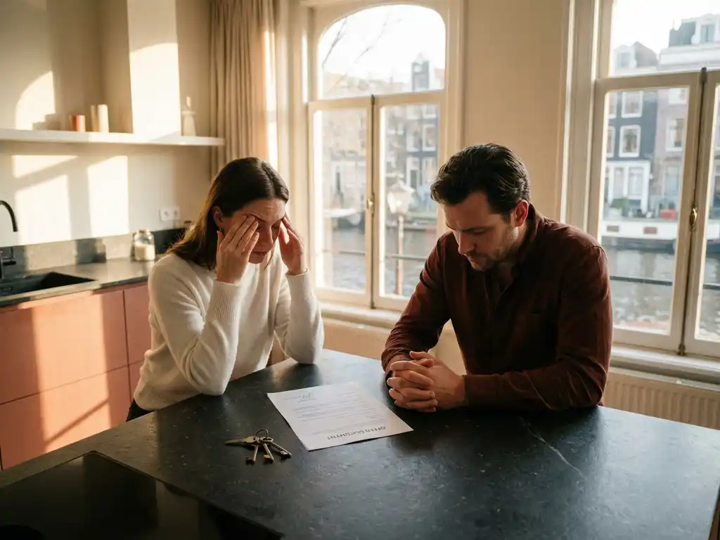 Gespannen stel aan keukentafel in Amsterdams grachtenpand, met getekend koopcontract en huissleutels tussen hen in.