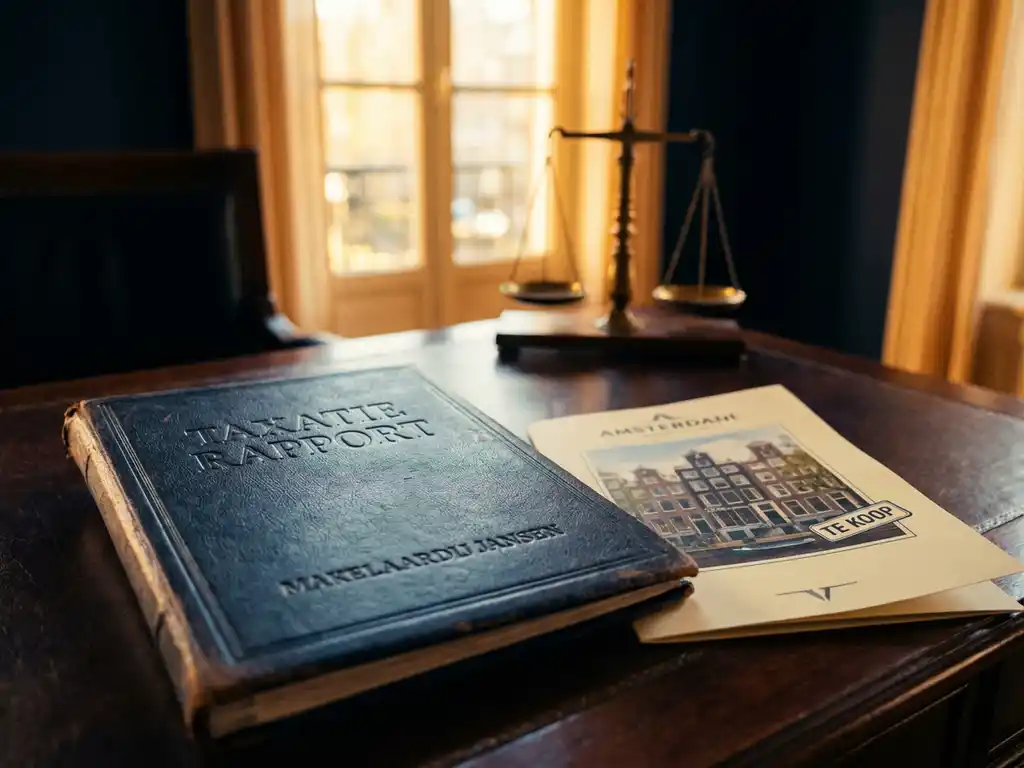 Leren taxatierapport van een Nederlandse makelaar op houten bureau naast een gevouwen woningbrochure van een Amsterdams grachtenpand.