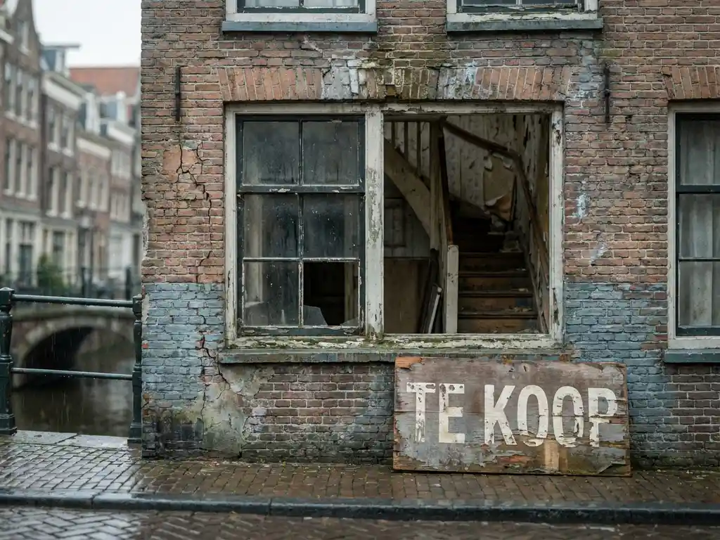 Verwaarloosde Amsterdamse grachtenpandgevel met afbladderende bakstenen, stoffig trappenhuis en een vervaagd Te Koop-bord.
