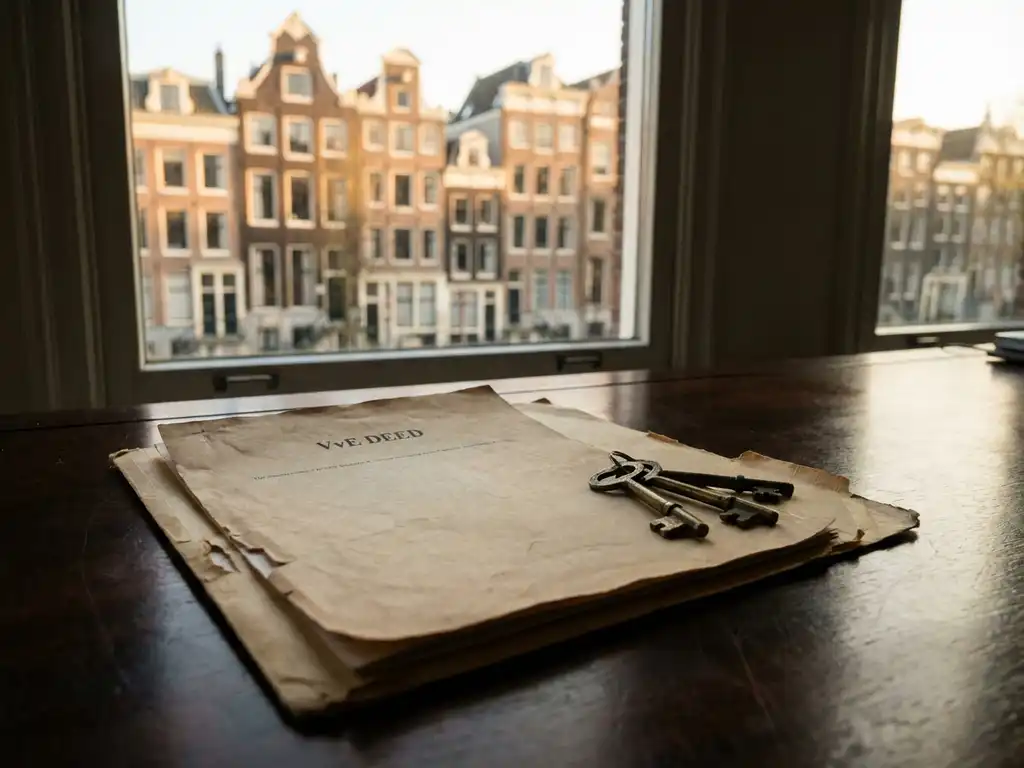 Vervaagde VvE-akte in een manillamap op een notarisbureau met antieke messing sleutels, Amsterdamse grachtenpanden zichtbaar op de achtergrond.