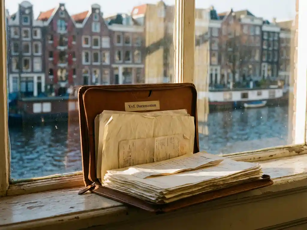 Versleten leren map met VvE-documenten op vensterbank van Amsterdams grachtenpand, met reflecties van het kanaal op de achtergrond.