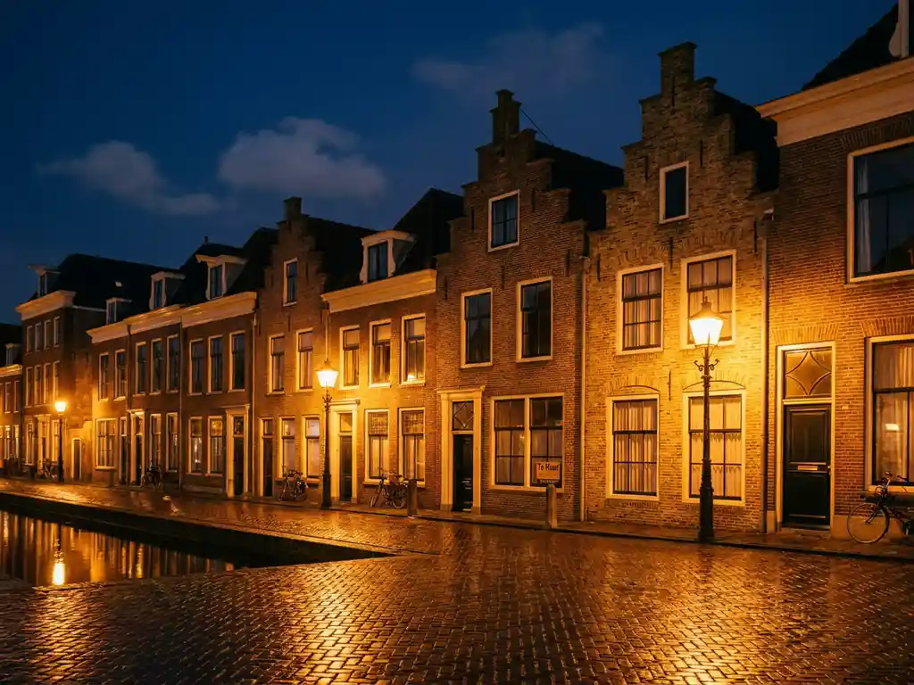 Grachtenhuizen langs een Alkmaar kanaal bij schemering, met amber straatverlichting op natte kasseien en een Te Huur-bord op een raam.