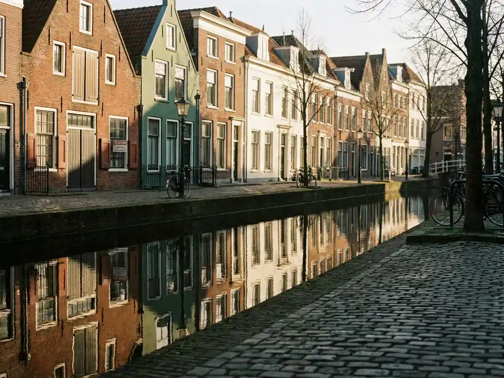 Historische Alkmaarder gracht met bakstenen grachtenpanden, Te Koop-bord en weerspiegeling in het water, gouden middaglicht.