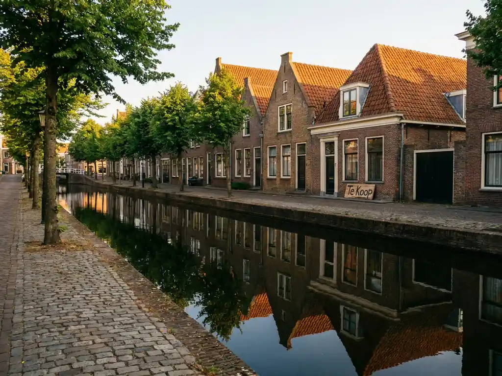 Traditionele Alkmaarse grachtenpanden van baksteen met Te Koop-bord, weerspiegeld in kalm kanaaalwater onder warm middagzonlicht.