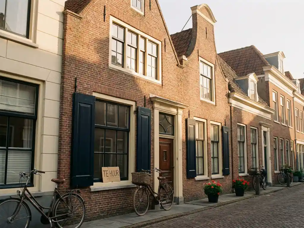 Traditioneel Alkmaar grachtenpand met te huur-bord op vensterbank, fiets tegen voordeur, rode baksteen in warm middagzonlicht.
