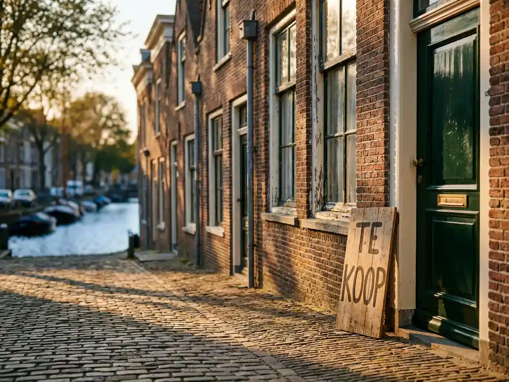 Alkmaar grachtenpand van terracottakleurige bakstenen met een houten "te koop" bord tegen een geschilderde voordeur in middagzonlicht.