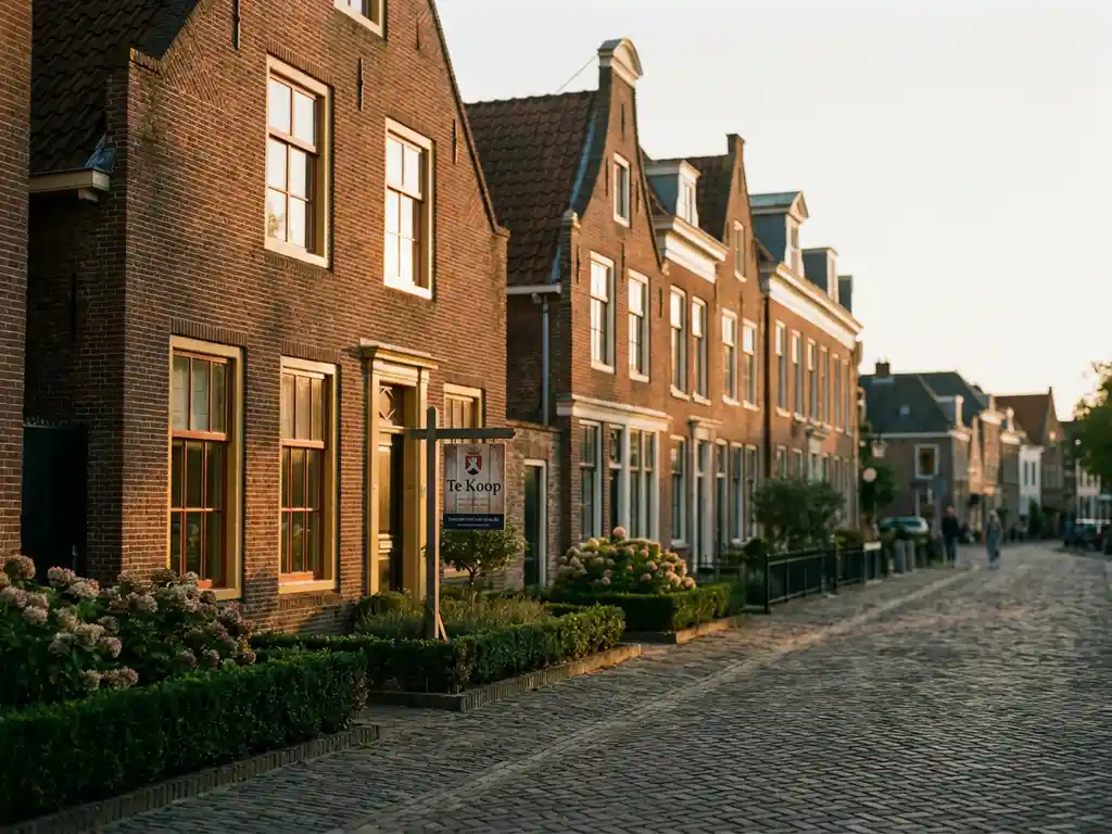 Rij statige Hollandse grachtenpanden met siergevel en schuiframen aan een straat in Alkmaar, met makelaarsbord in voortuin bij gouden middaglicht.