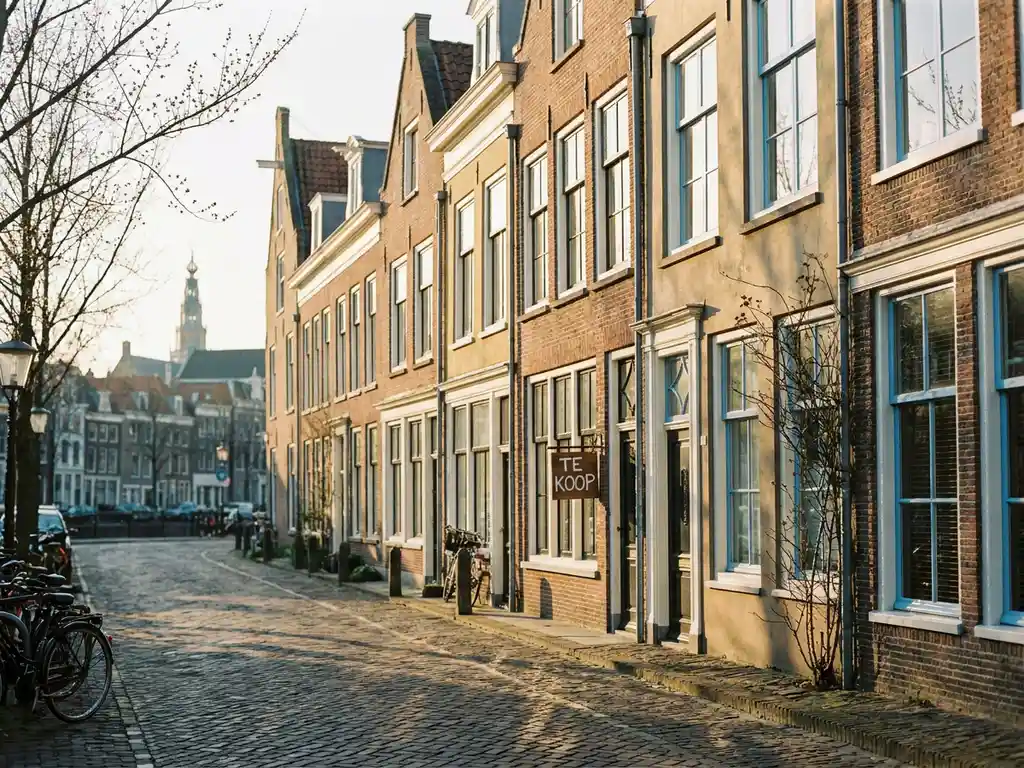 Traditionele Hollandse grachtenpanden met bakstenen gevels langs een straat in Alkmaar, met een Te Koop-bord en gouden voorjaarslicht op de kinderkopjes.
