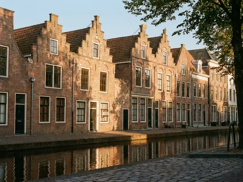 Traditionele Alkmaarder grachtenpanden met trapgevels en Te Koop-bord, weerspiegeld in het stille kanaalwater tijdens gouden middaglicht.