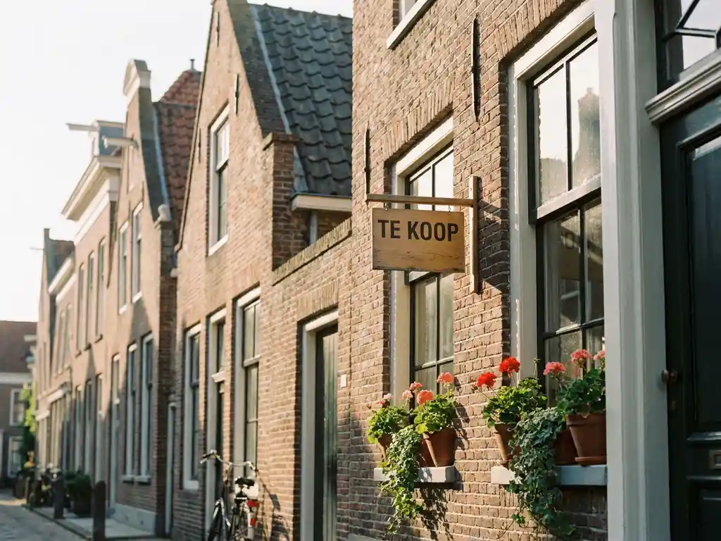 Huurappartement aan Alkmaar's gracht met Te Koop-bord op bakstenen gevel en bloempotten op vensterbank in middaglicht.