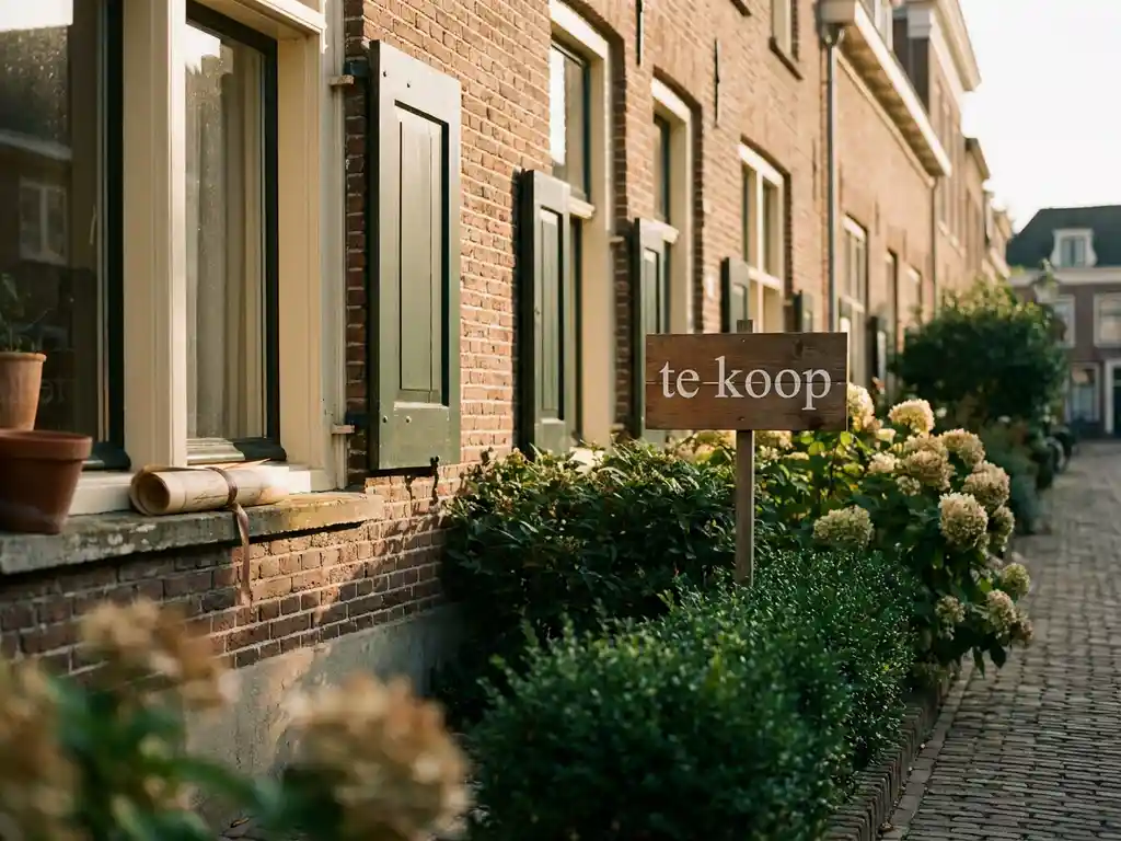Hollandse rijtjeswoning in Alkmaar met te-koop-bord in voortuin en kadasterdocument op vensterbank in gouden-uurlicht.
