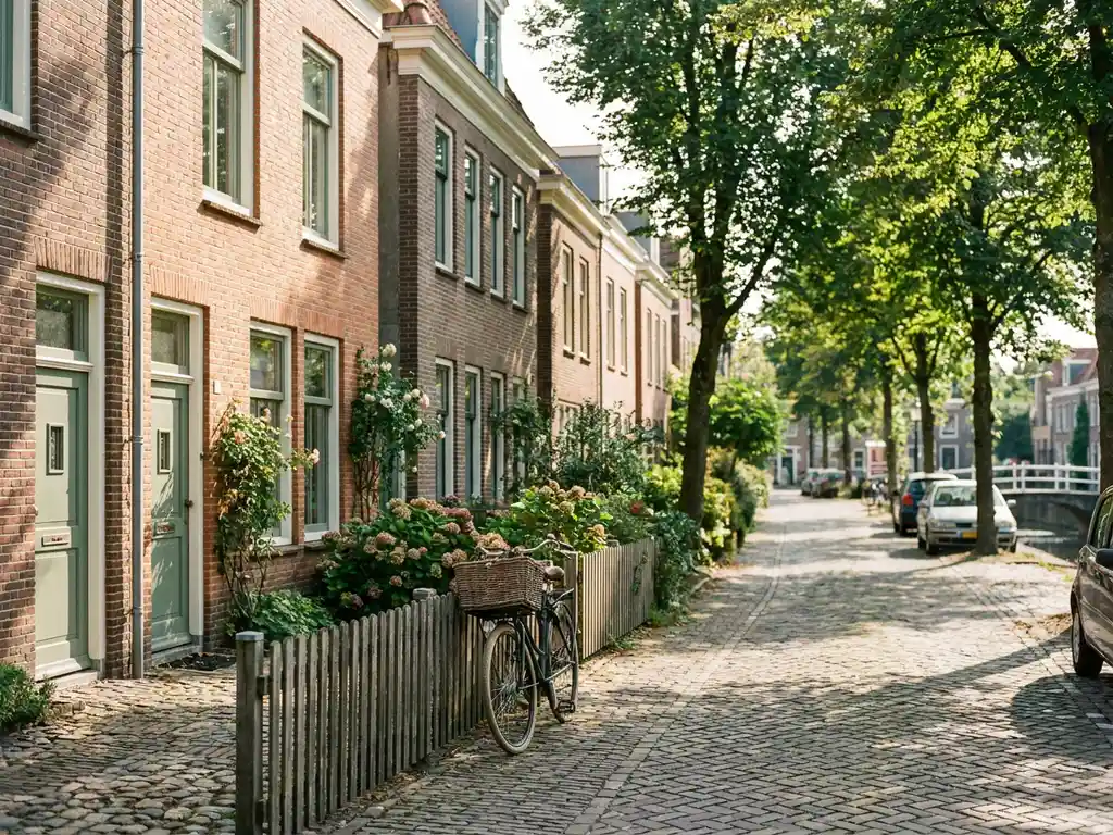 Rustige woonstraat in Alkmaar met bakstenen huizen, een fiets tegen een tuinhek en volwassen bomen die schaduwen werpen op de kinderkopjes.