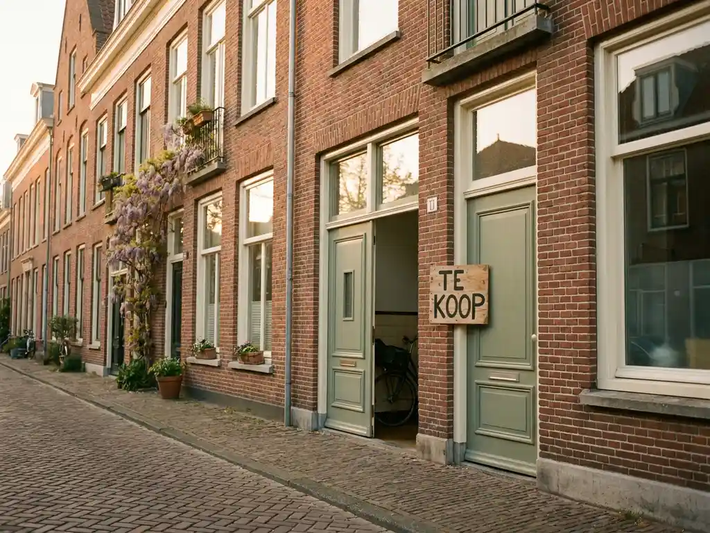 Appartementengebouw in Alkmaar met Te Koop-bord bij de ingang, bakstenen gevel en grote ramen in gouduurlicht.
