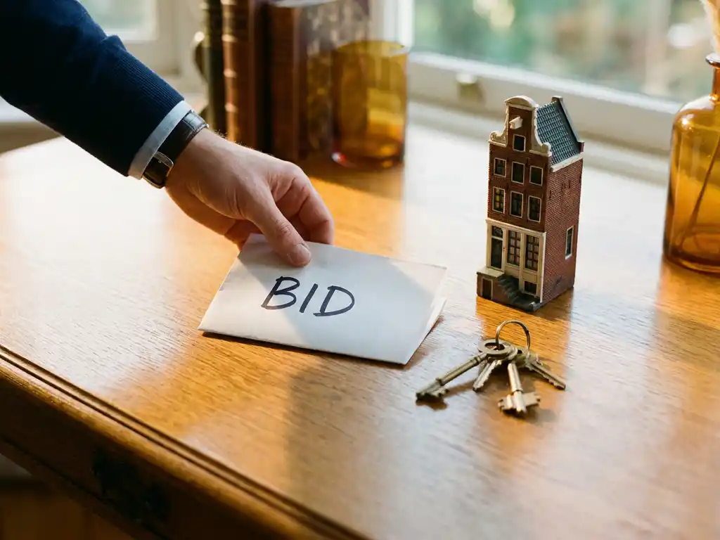 Hand die een bod uitbrengt op een gepolijste eiken tafel, met huissleutels en een schaalmodel van een grachtenpand in warm middaglicht.