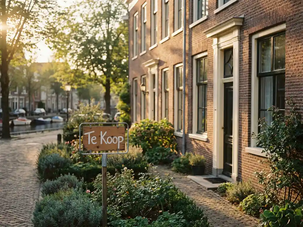 Nederlandstalige rijwoning van rode baksteen met Te Koop-bord in voortuin, gouden middagzon op de gevel, klinkerstraat en gracht op achtergrond.