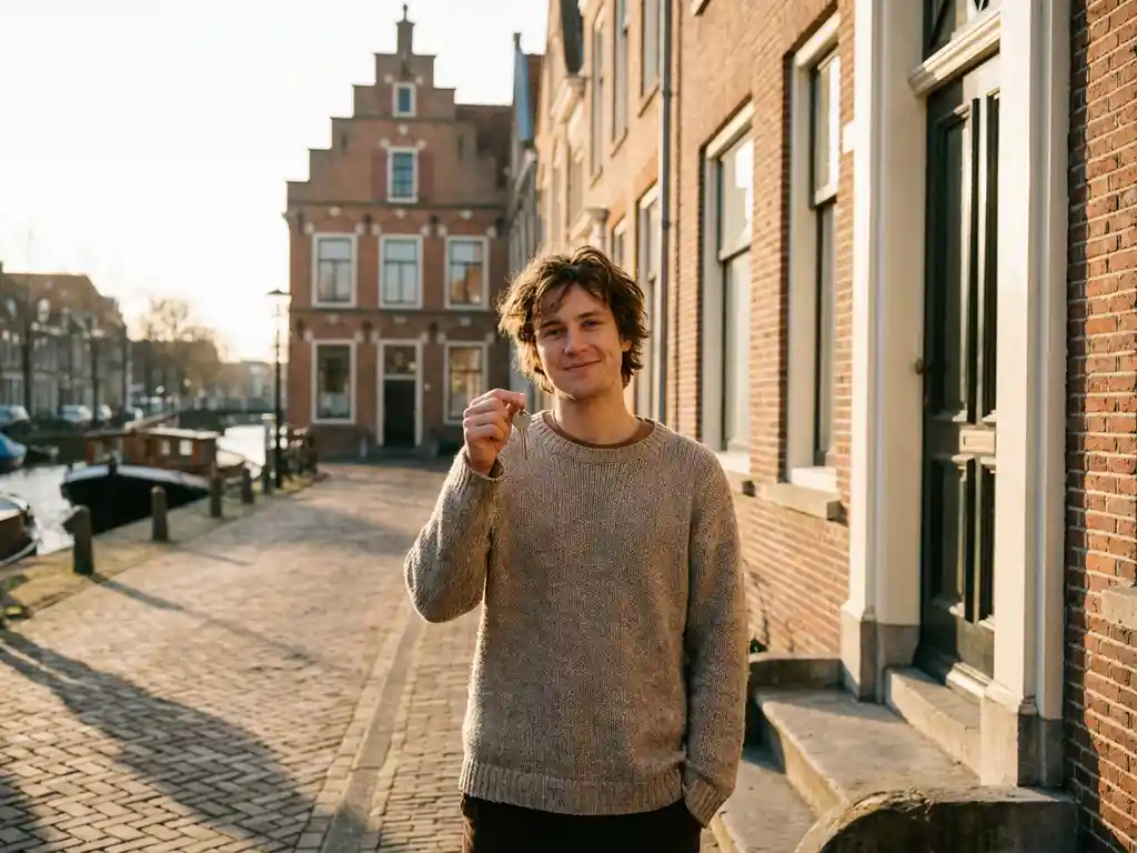 Jongvolwassene houdt huissleutel vast op de stoep van een klassieke Hollandse bakstenen rijtjeswoning in Alkmaar.