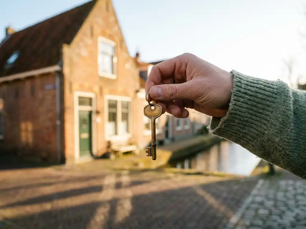 Starter op de woningmarkt houdt een messing huissleutel vast voor een bakstenen grachtenpand in Alkmaar op een zonnige middag.