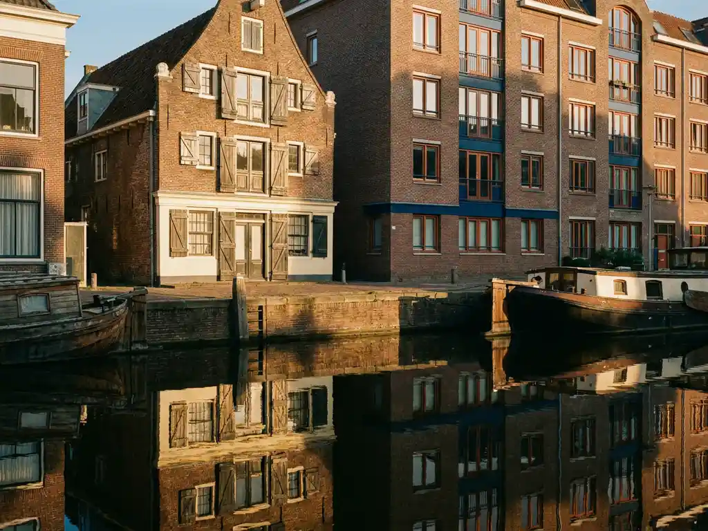 Traditioneel Alkmaar grachtenpand naast Amsterdams appartementenblok, weerspiegeld in donker kanalwater bij warm middaglicht.