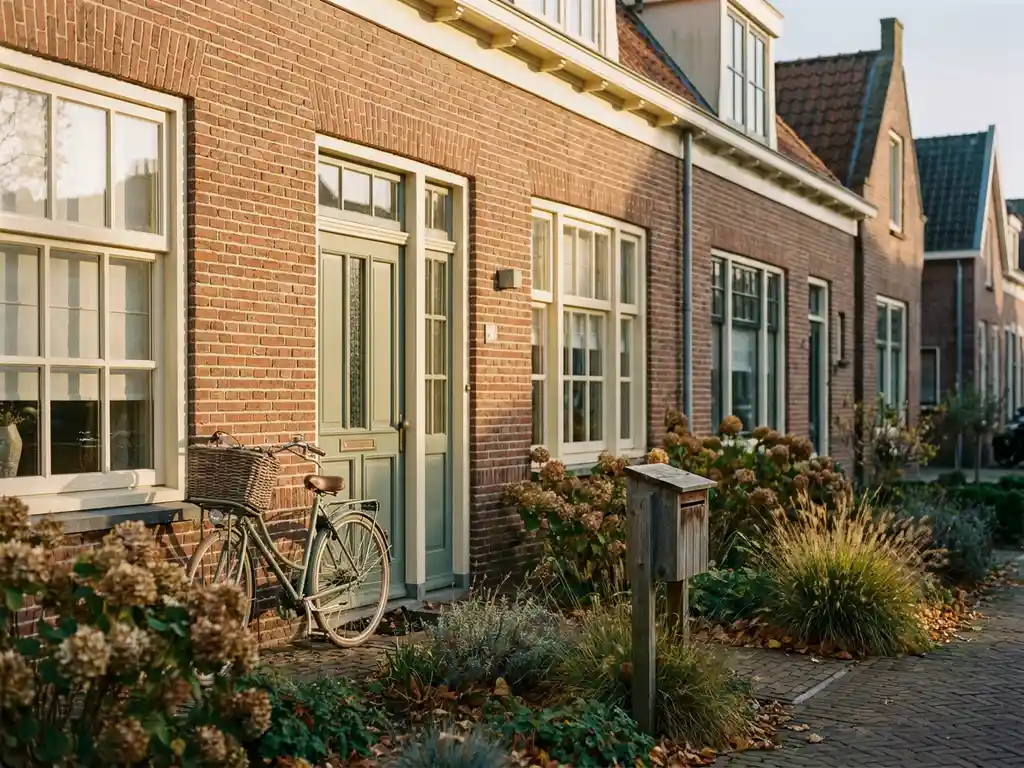 Typisch Nederlandse bakstenen rijtjeswoning in Alkmaar met voortuin, brievenbus, fiets tegen de gevel en warme herfstbelichting.