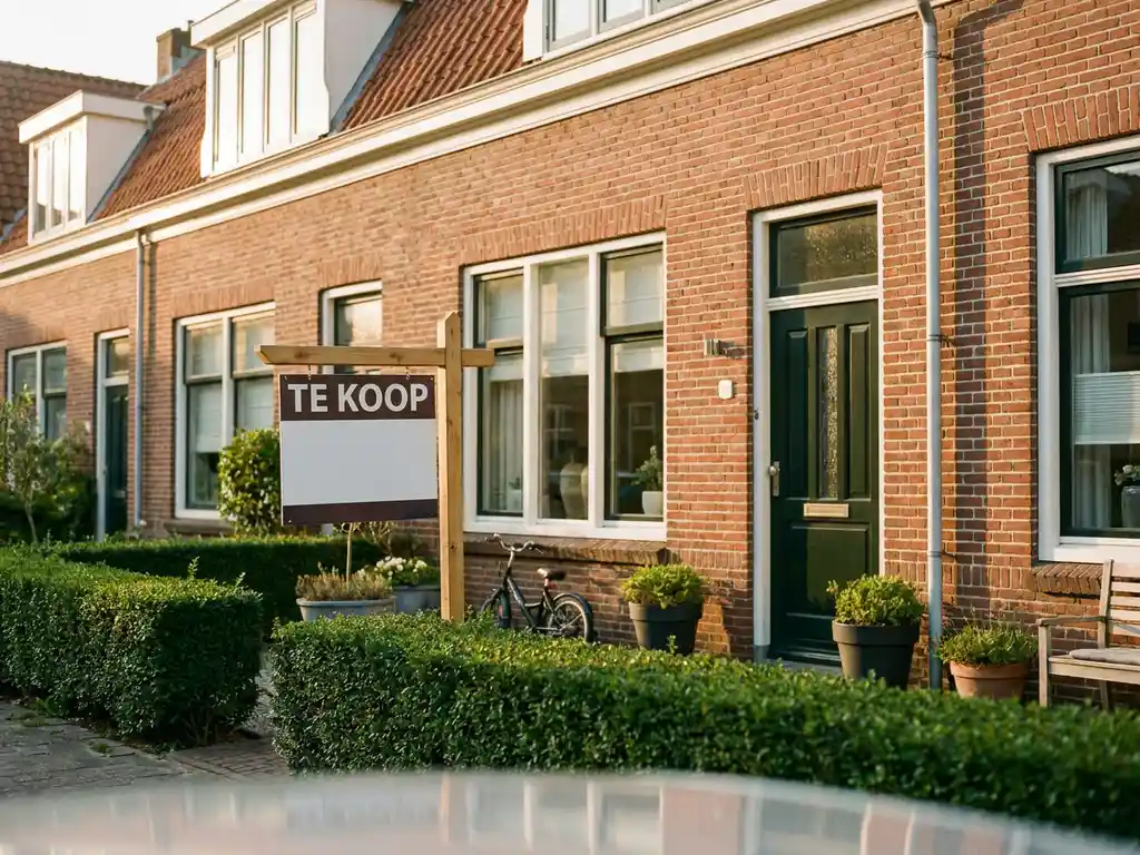 Hollandse rijtjeswoning in Alkmaar met te koop-bord, rode bakstenen gevel, witte kozijnen en verzorgde voortuin in middagzon.