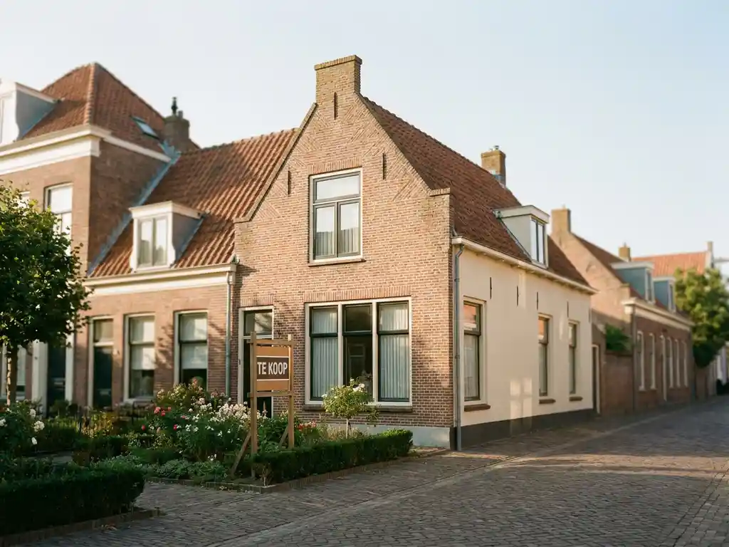 Nederlandstalige rij­woning in Alkmaar met 'te koop'-bord in de voortuin, bakstenen gevels en puntdaken in warm middaglicht.