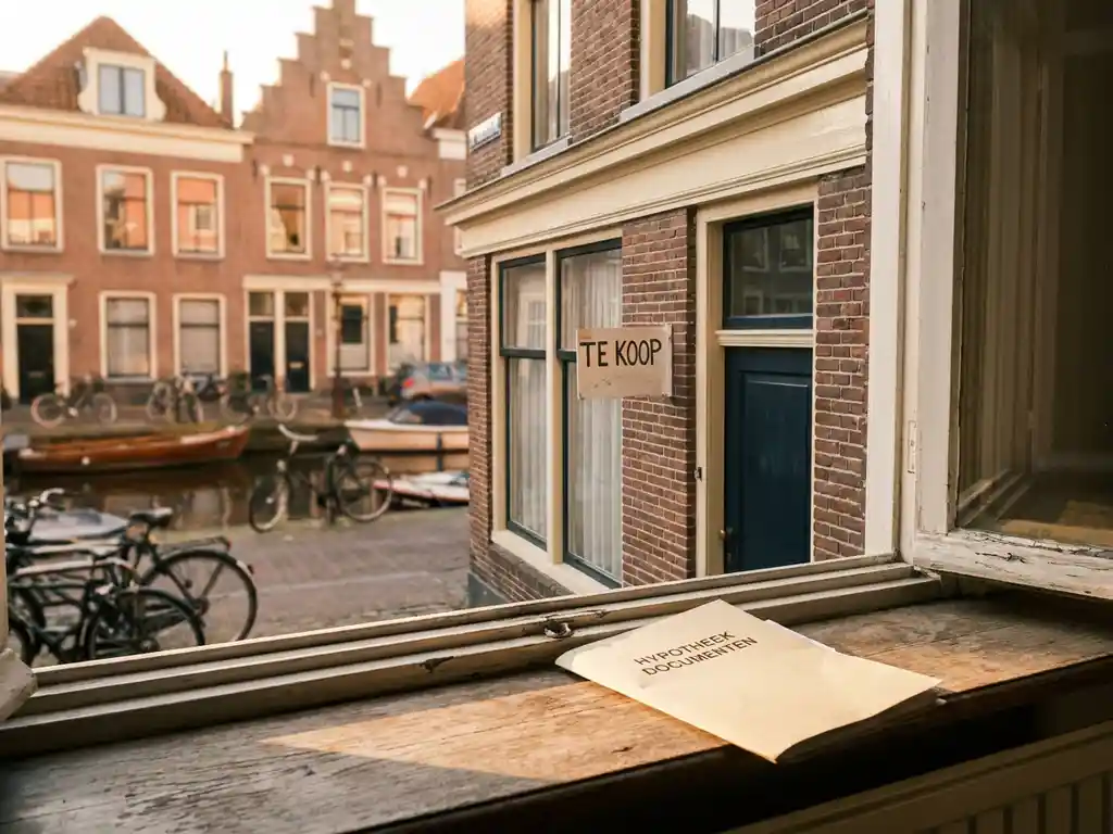 Hollandse bakstenen rijwoning in Alkmaar met te-koop-bord, hypotheekmapje op zonnig vensterbank op de voorgrond.