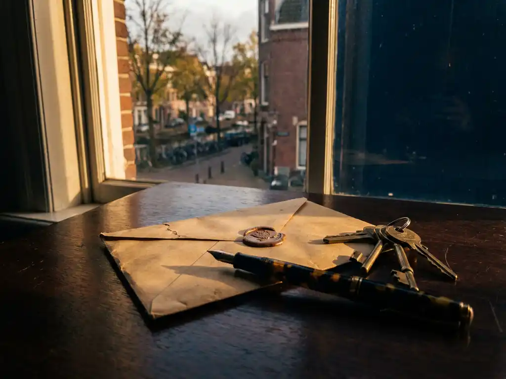 Verzegelde envelop en vulpen op houten bureau naast huissleutels, met een Nederlandse woonstraat zichtbaar door het raam.