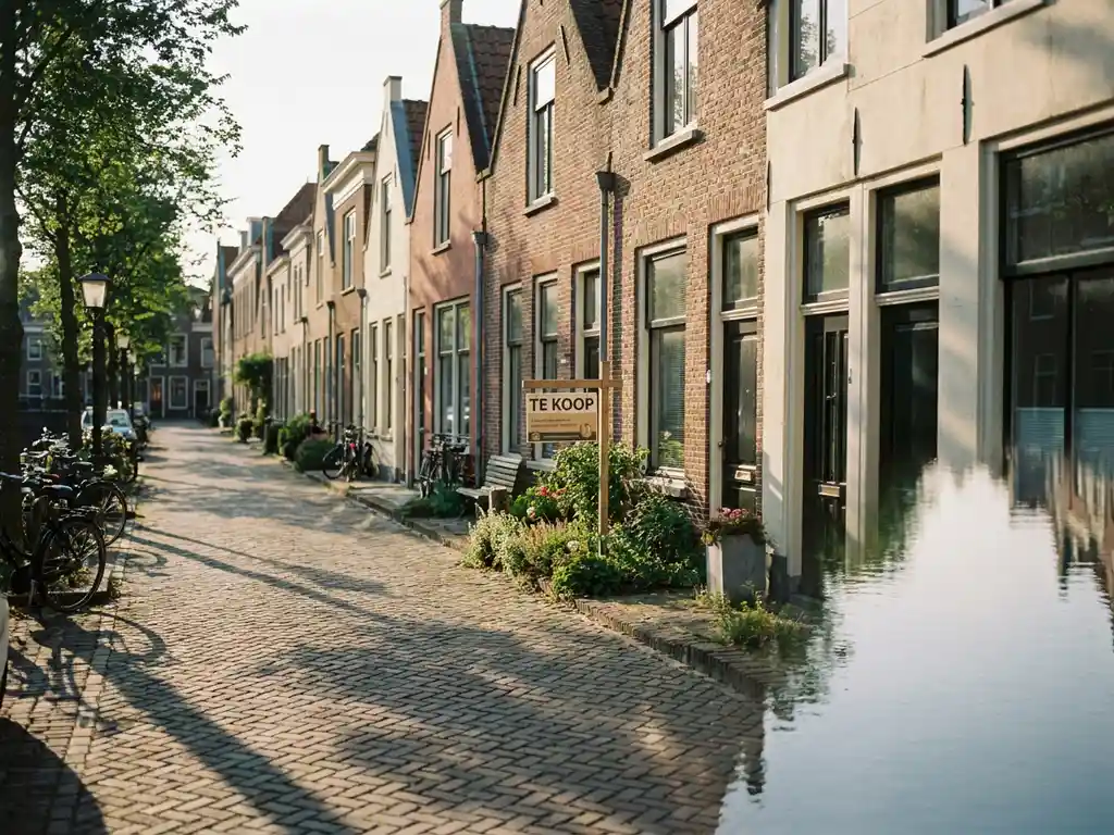 Rijtjeshuis te koop aan een Alkmaar gracht met bakstenen gevels, kinderkopjes en zachte middagzon weerspiegeld in het water.