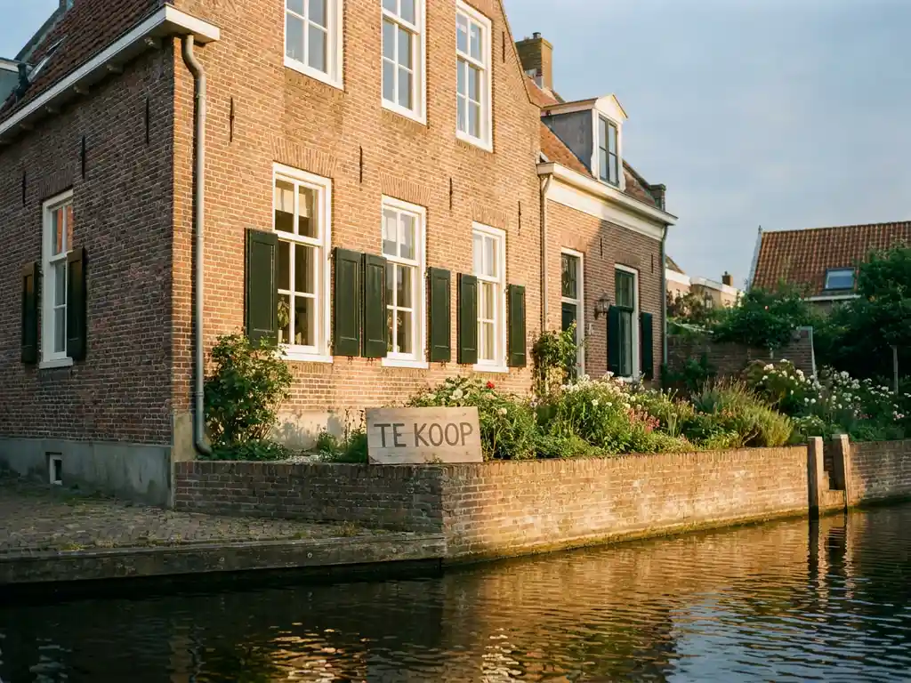 Traditioneel Nederlands grachtenpand in Alkmaar te koop, rode bakstenen gevel met witte kozijnen, weerspiegeling in kalm water.